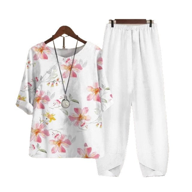 Womens Casual Crew-Neck Cropped-Sleeve Top Set