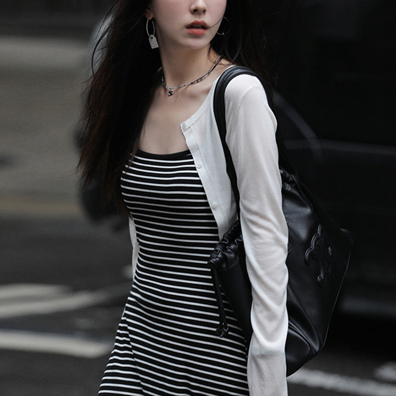 Versatile Slim-fit Striped Slip Dress For Women