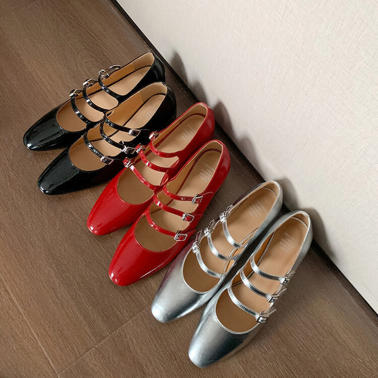 Women's Round Toe Buckle Thick Mid Heel Pumps Shoes