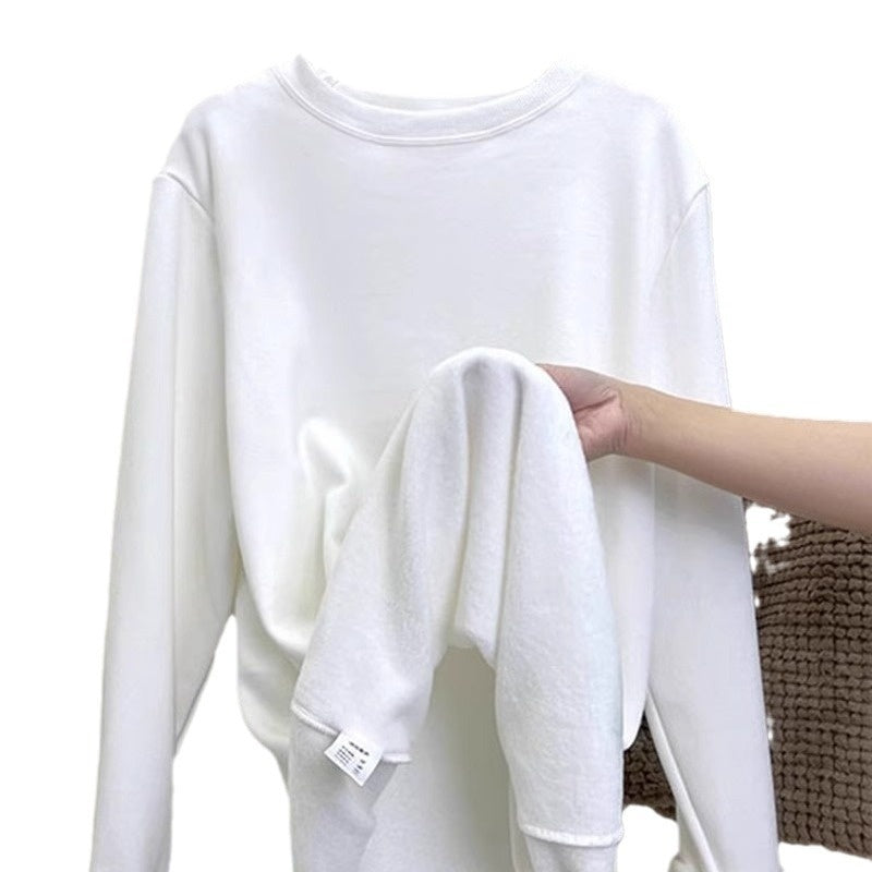 Plus Velvet Hvid Bundskjorte Dame Inder Match Mellemlang Løs T-shirt