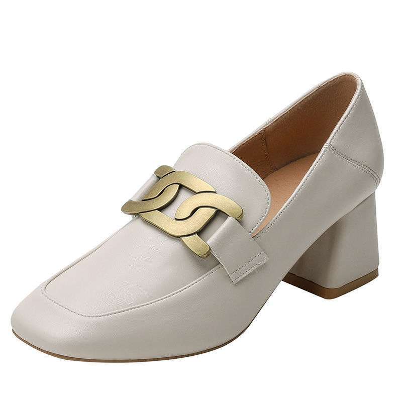 Women's Leather High-heeled Shoes All-match Thick Heel