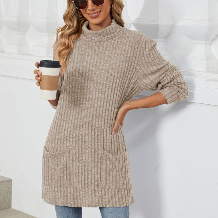 Mock-neck Long-sleeve Casual Womens Top With Pockets