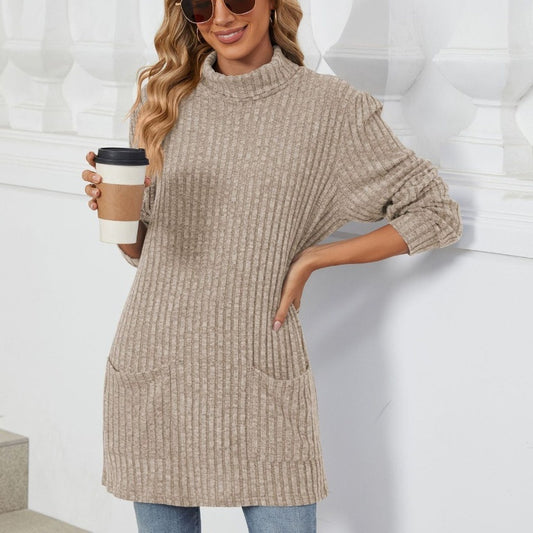 Mock-neck Long-sleeve Casual Womens Top With Pockets