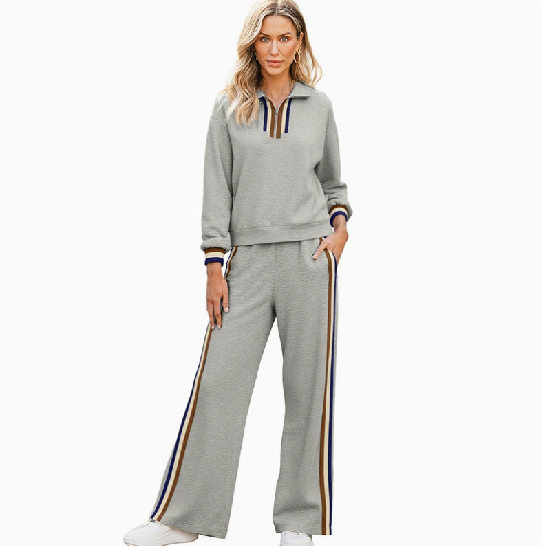 Black Striped Patchwork Quarter Zip Pullover Loose Pant Set