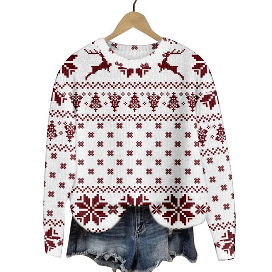 Julesweatshirt til damer med rund hals og snefnugprint, julekattemotiv