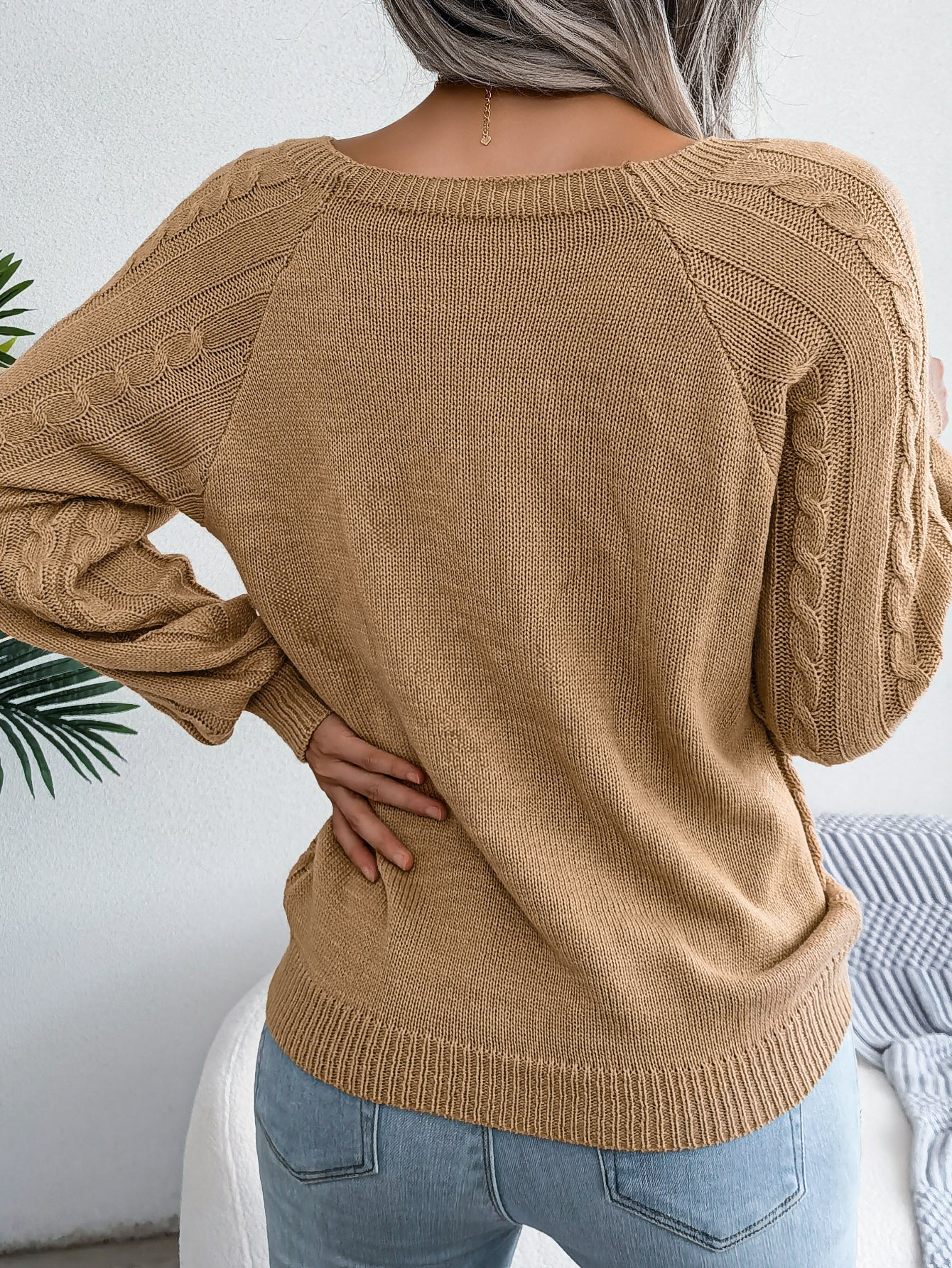 Casual Square Neck Buttoned Cable Knit Pullover Sweater