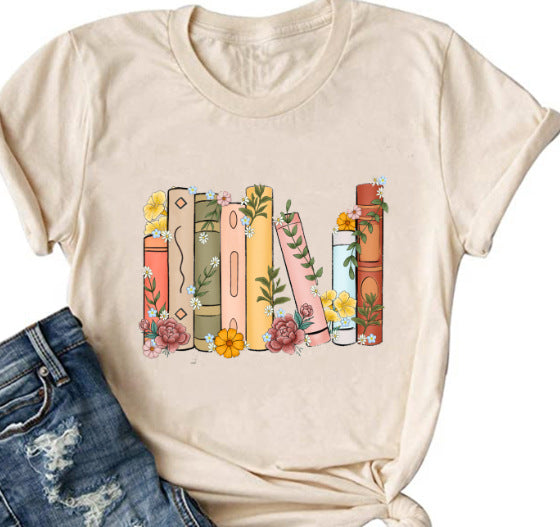 Bog Blomstret Trykt Farvet Bomulds T-shirt