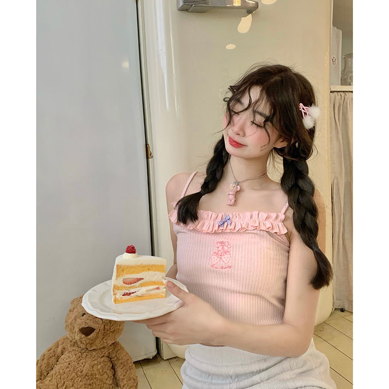 Summer New Girly Style Strawberry Embroidery Sweet Camisole
