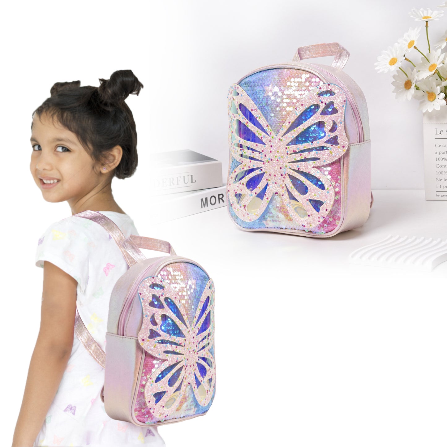 Sequined Children's Trendy Backpack Butterfly Wings Schoolbag