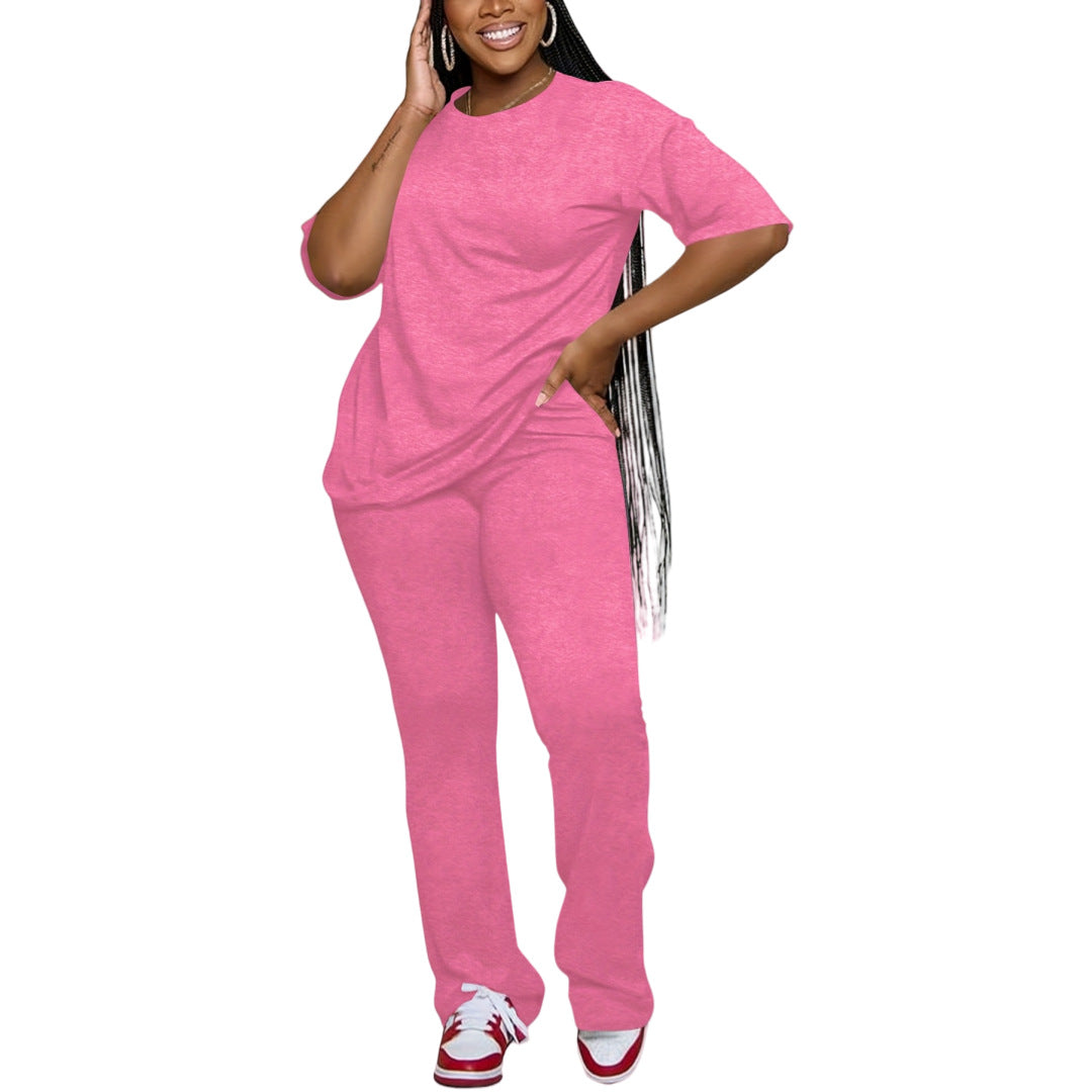 Casual Solid-Color Cotton-Like Crew-Neck Two-Piece Set
