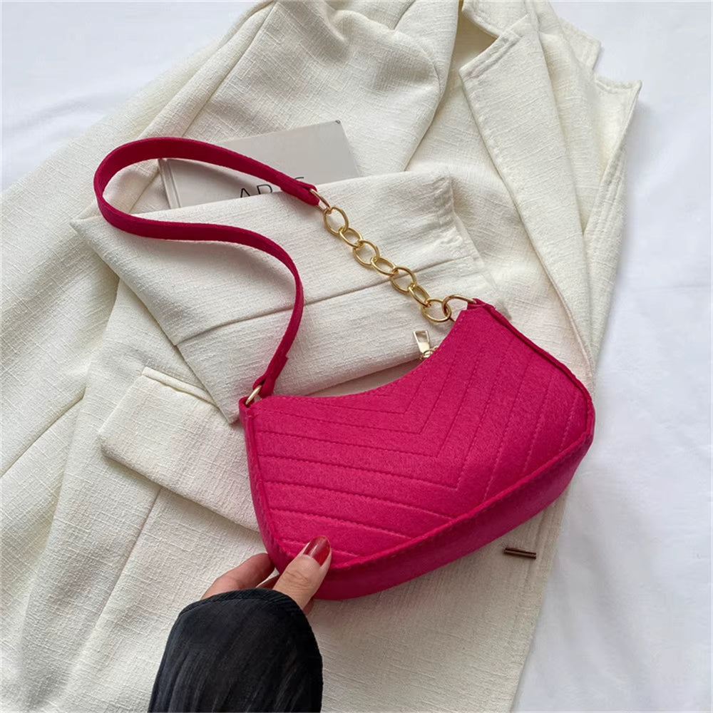 Women’s Retro Felt Underarm Bag - Solid Color Shoulder Bag, Casual Dumpling Crossbody Purse