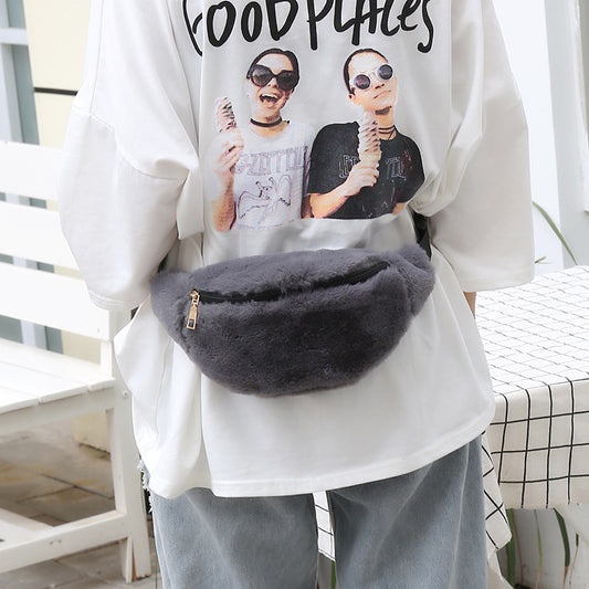 Winter Fashion New Style Diagonal Cross Ladies Plush Waist Bag