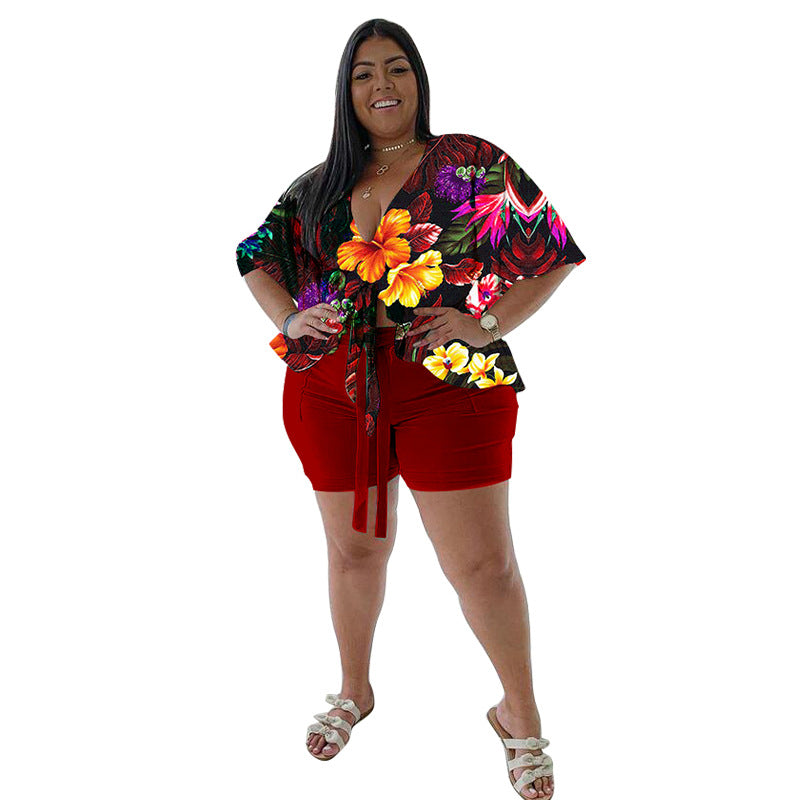 Women's Plus-Size Casual T-Shirt And Shorts Set With Print