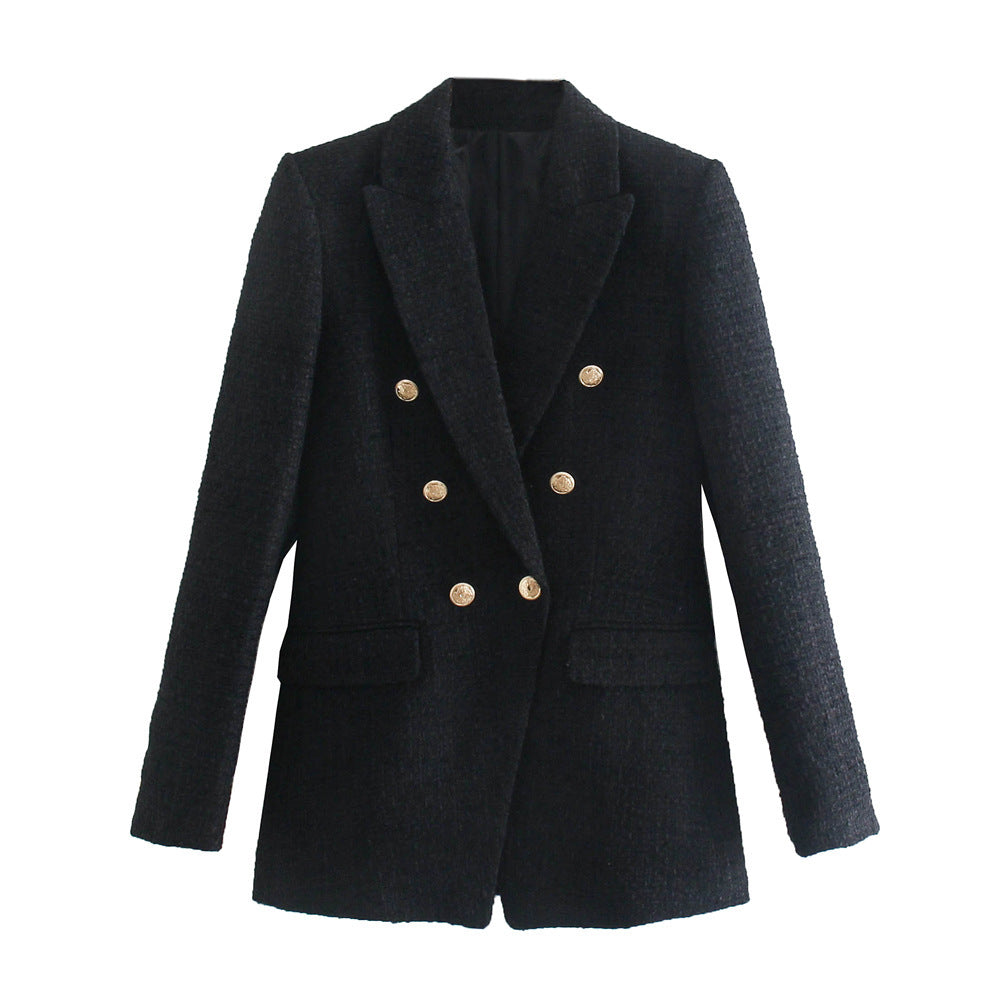 Şık Çift Düğmeli Dokulu İnce Kesim Blazer
