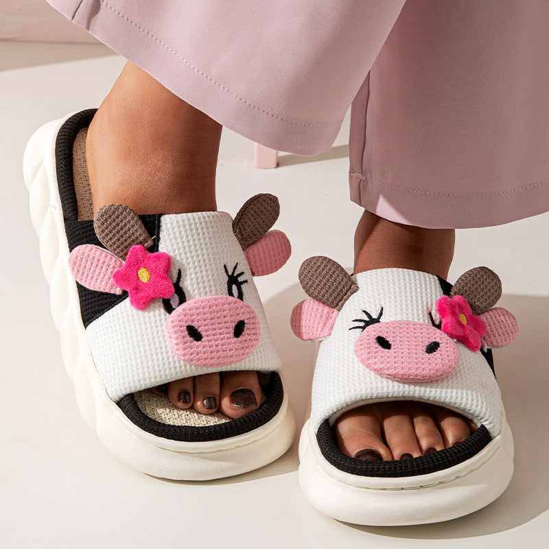 Cute Cow Linen Shit Feeling Interior Non-slip Deodorant Outer Wear Platform Slippers