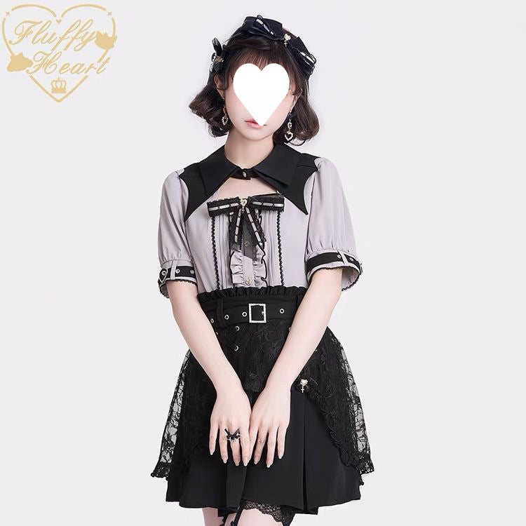 Send Bow Blood-sucking Ji Japanese Style Lace Hollow Bat Collar Short Sleeve Long Sleeve Shirt Two-color