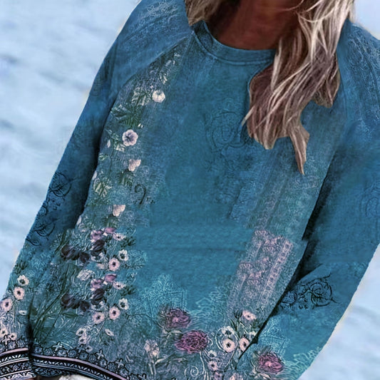 Langærmet raglan rund hals printet sweatshirt