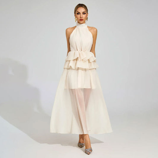 Flowy Ruffled Wedding Dress With A Halter Neckline
