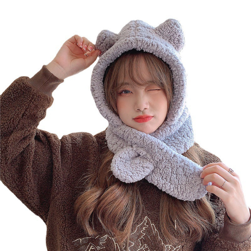 Women's Fashionable And Warm Solid Colour Bear Ears Hat Scarf