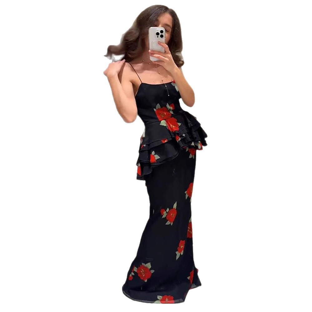 Floral Mesh Split Bodycon Skirt And Camisole Set For Women