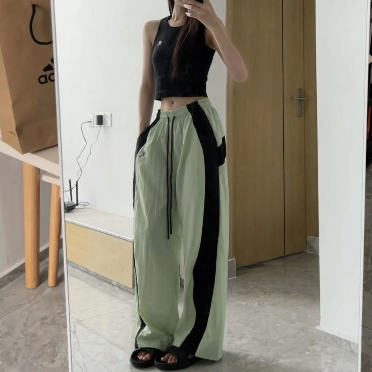 Contrast Patchwork Loose Casual Drawstring Wide-leg Pants