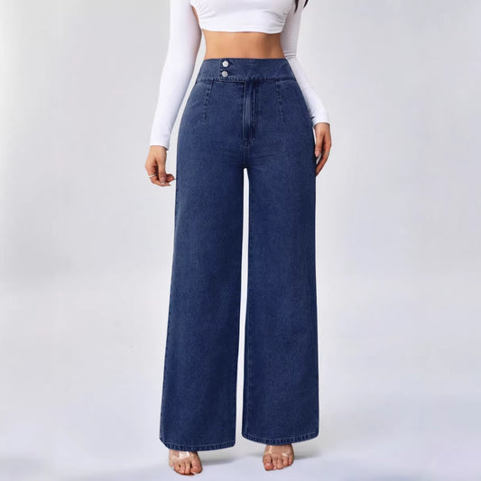 Alsidige løstsiddende højtaljede damejeans med lige ben og to knapper i ensfarvet design