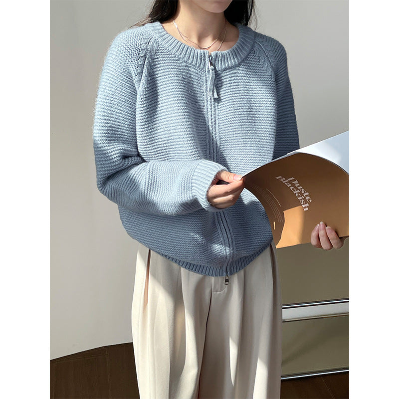 Sweater Double Zipper Sweater For Women Loose And Lazy Style Crew Neck Coat