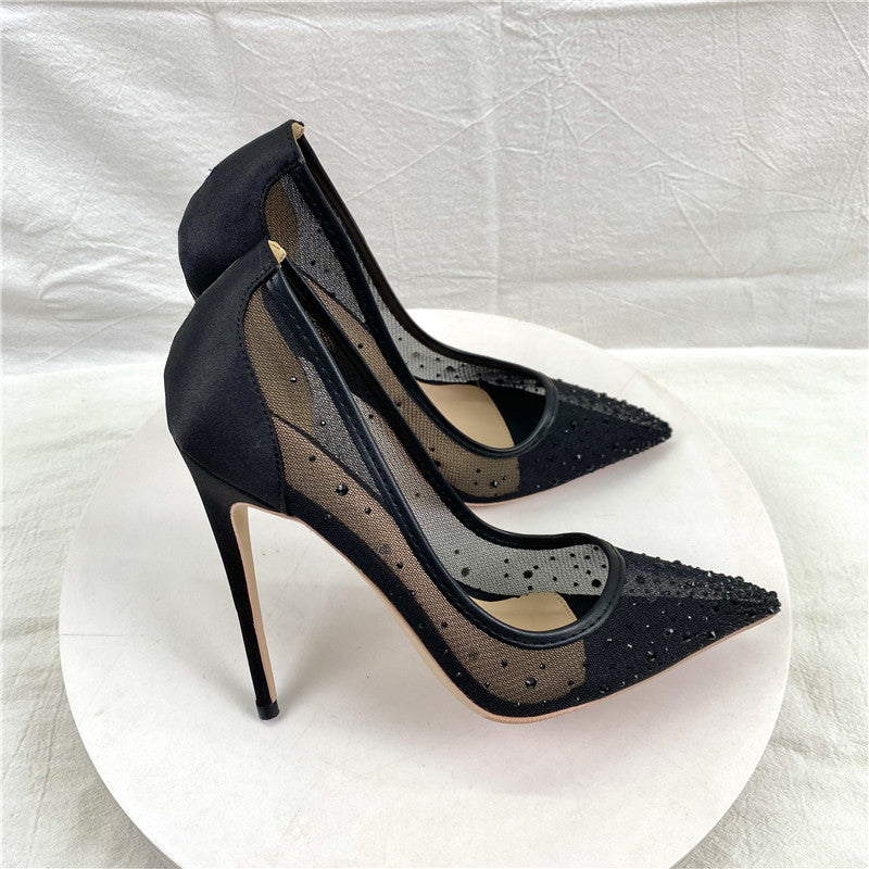 New Breathable Mesh Diamond High Heels 12CM Pointed Women's Shallow Mouth Stiletto Heels