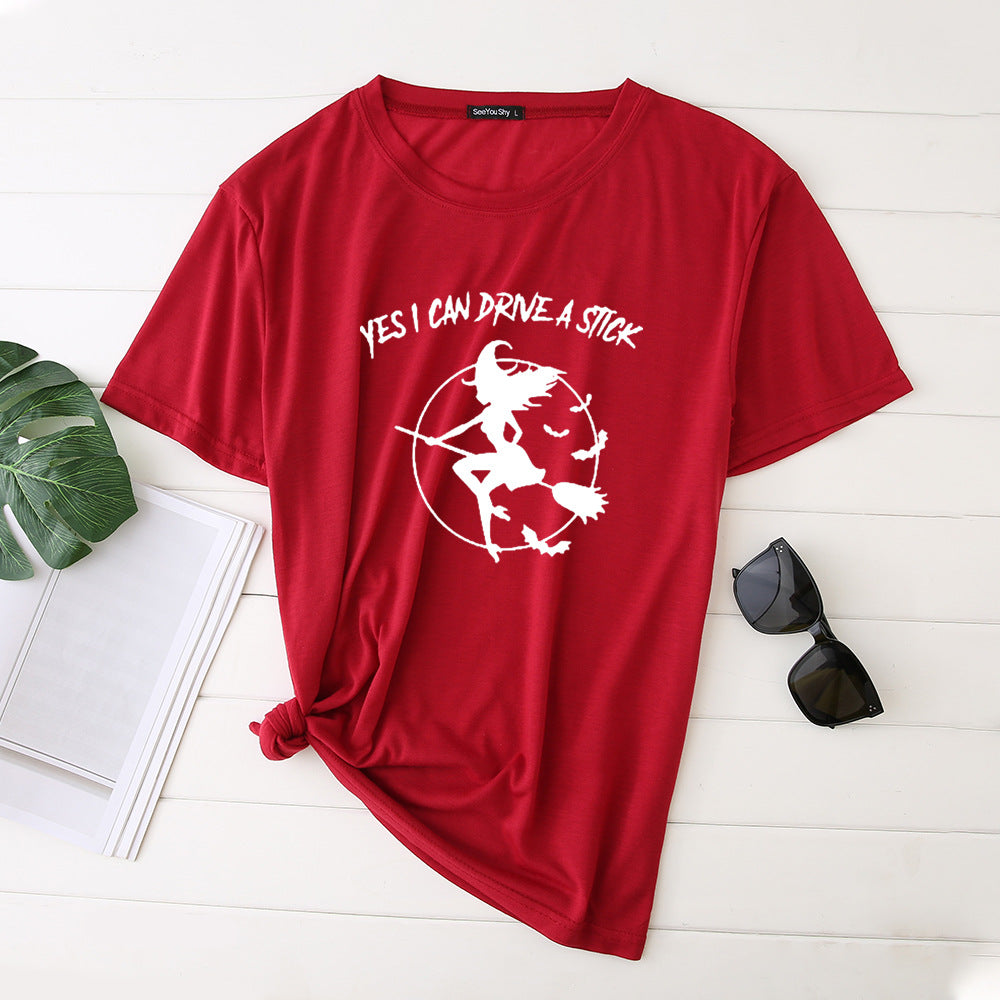 Flying Witch Print Crew Neck Short Sleeve T-Shirt