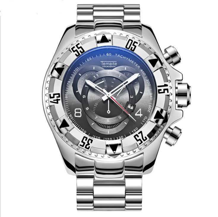 Explosion models watch men's fake three-eye luminous large dial steel belt sports men's watch