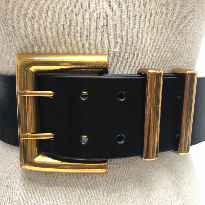 Leather pin buckle girdle ultra-wide two-layer leather retro belt