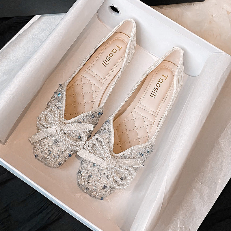 New Square Toe Flats Classic Style Rhinestone Pearl Shoes