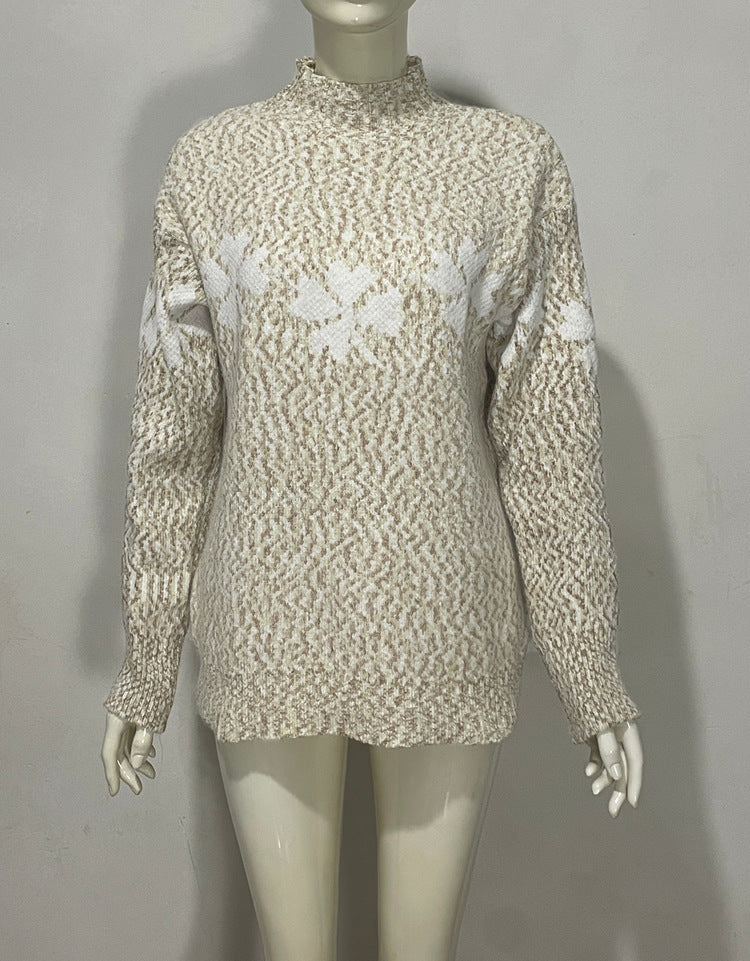 Embroidered Jacquard Pullover Loose Bottoming Shirt Mock Neck Sweater Coat