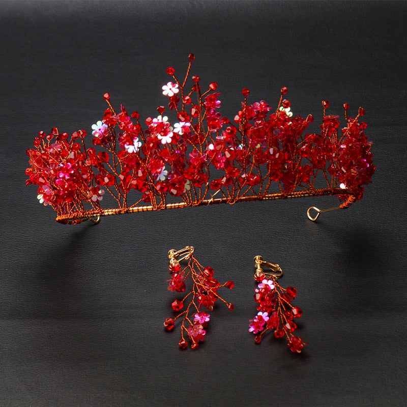 Handmade Hair Ornaments Red Crystal Crown Chinese Wedding Headdress