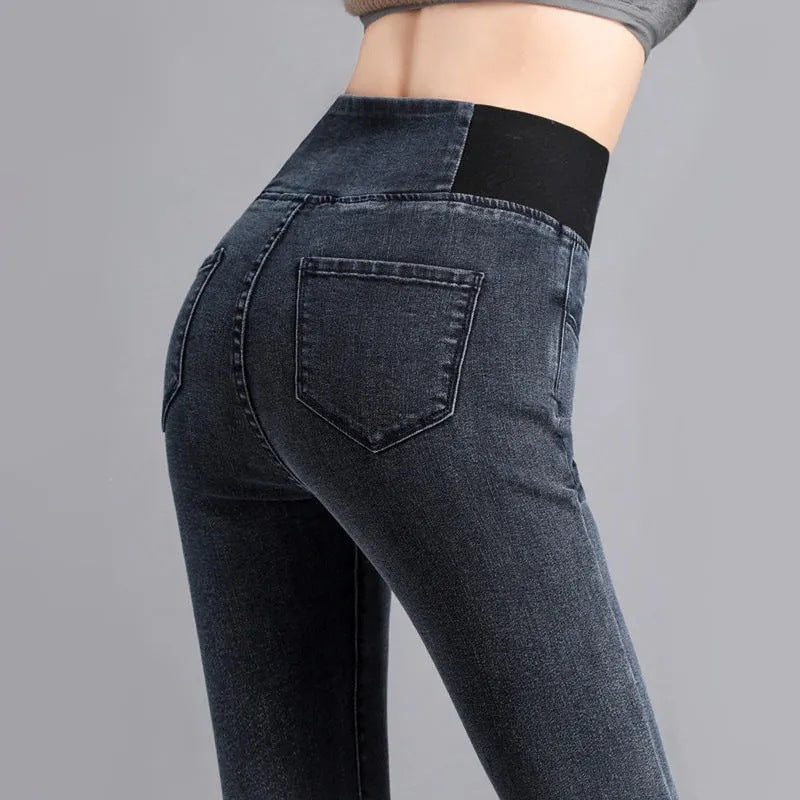 Womens High-waisted Skinny Jeans With A Stretchy Elastic Waist And Cozy Fleece Lining