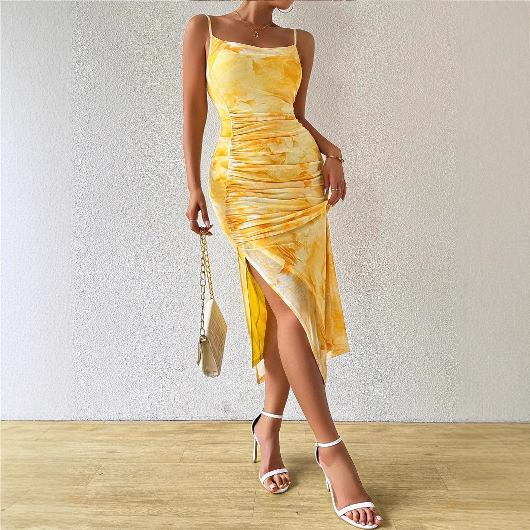 Printed High Waisted Figure Hugging Wrap Skirt With A Slit And A Strapless Design