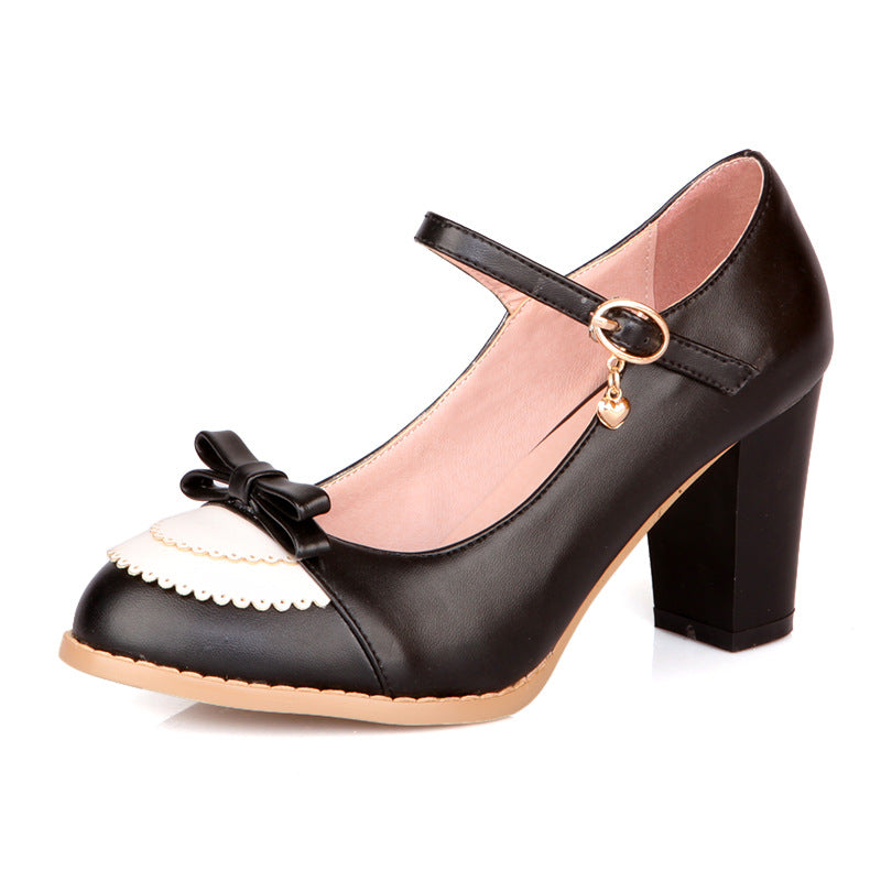 Bowknot Buckle Thick High Heeled Shoes Women's Shoes