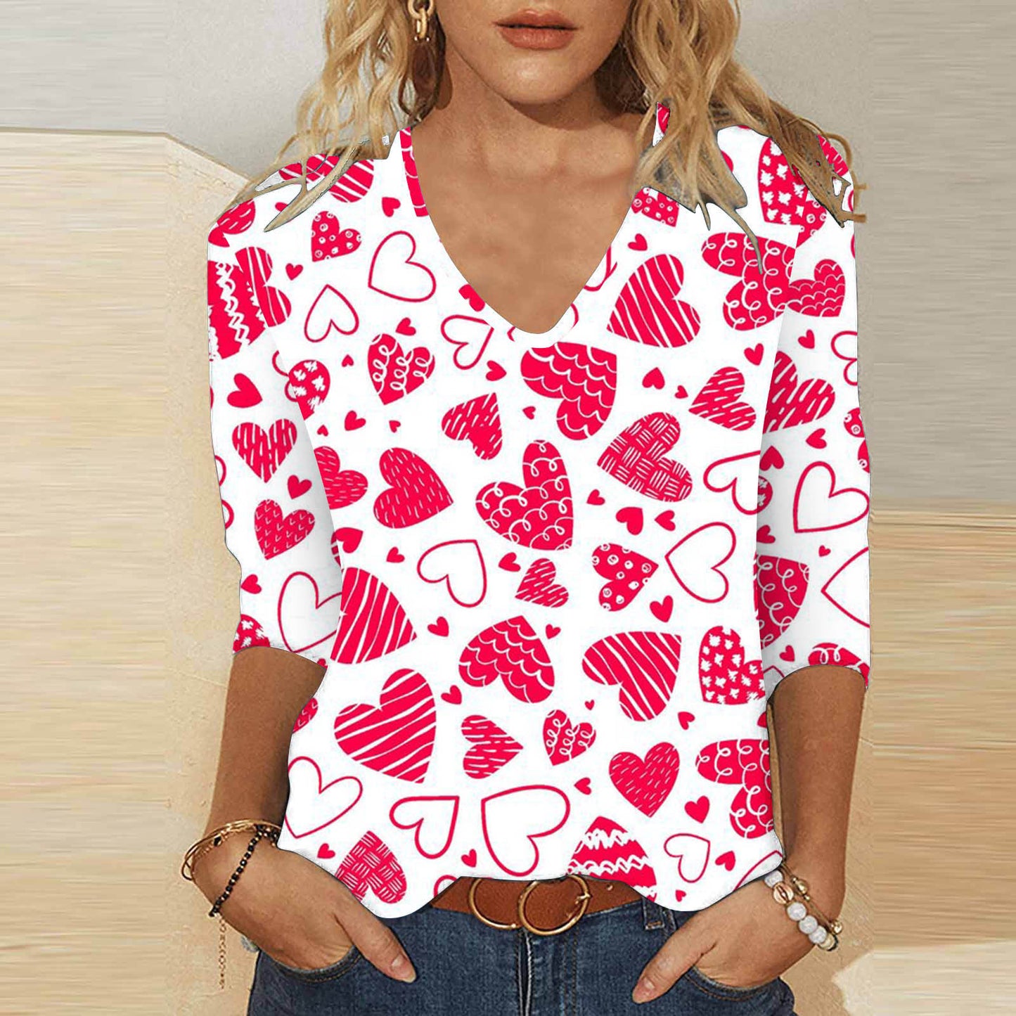 3D digitaltryk Valentinsdag Hjerteprint Kvinders søde afslappede løse V-hals 3/4-ærmet T-shirt