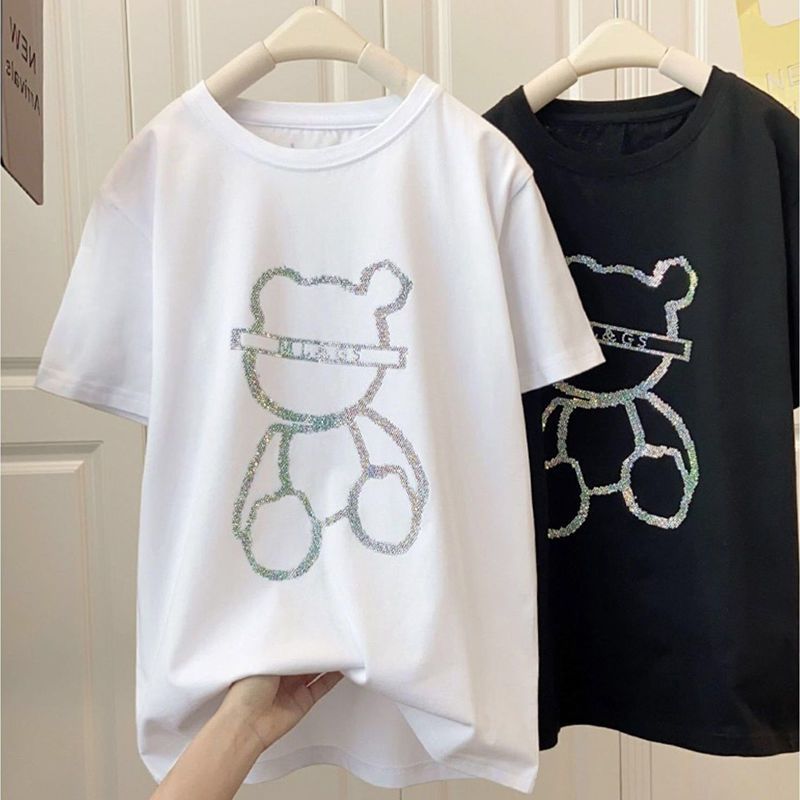 Heavy Industry Hot Drill Bead Short-sleeved Bear T-shirt Women