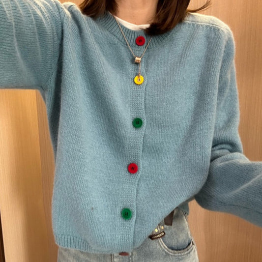 Korean-style Age-reducing Rainbow Single-breasted Round Neck