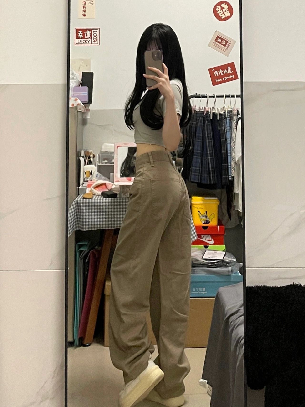 Khaki Narrow Wide-leg Jeans High Waist All-matching Straight Mop Pants