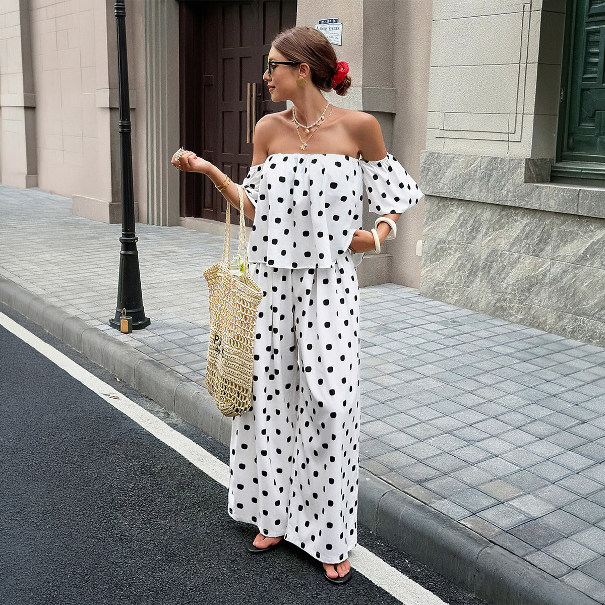 Elegant Casual Commute Fashion Polka-Dot Off-Shoulder Set