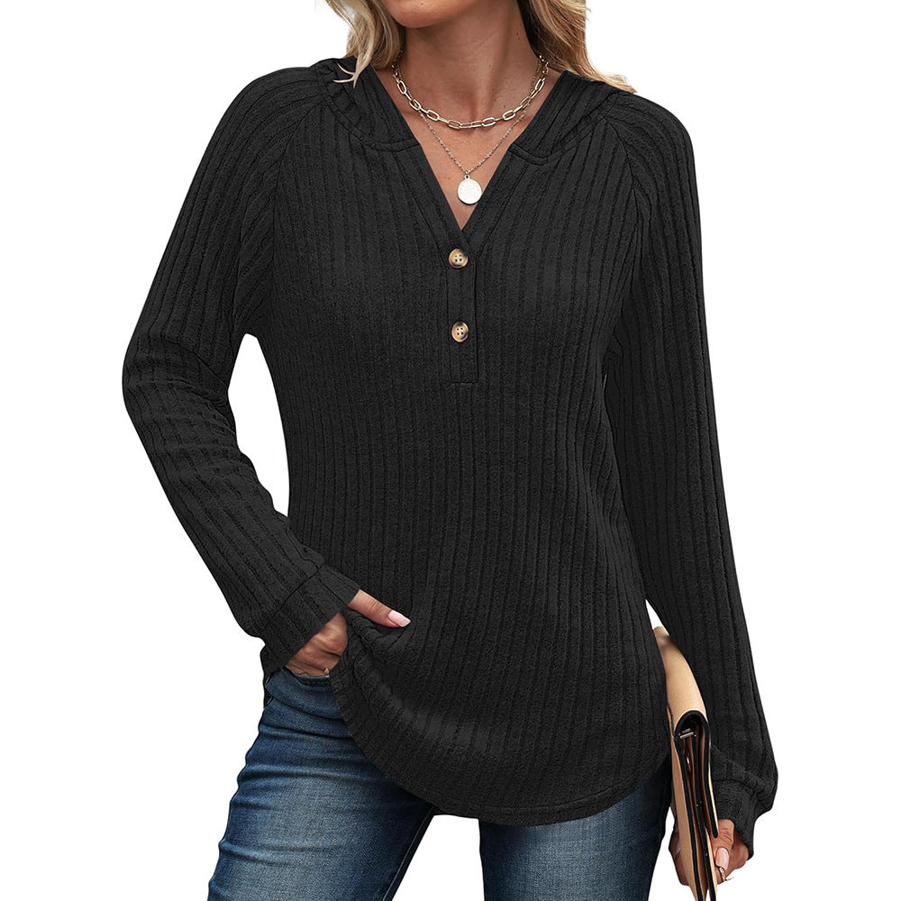 Solid Color And V-neck Button Loose Hooded Fleece Knitted Top