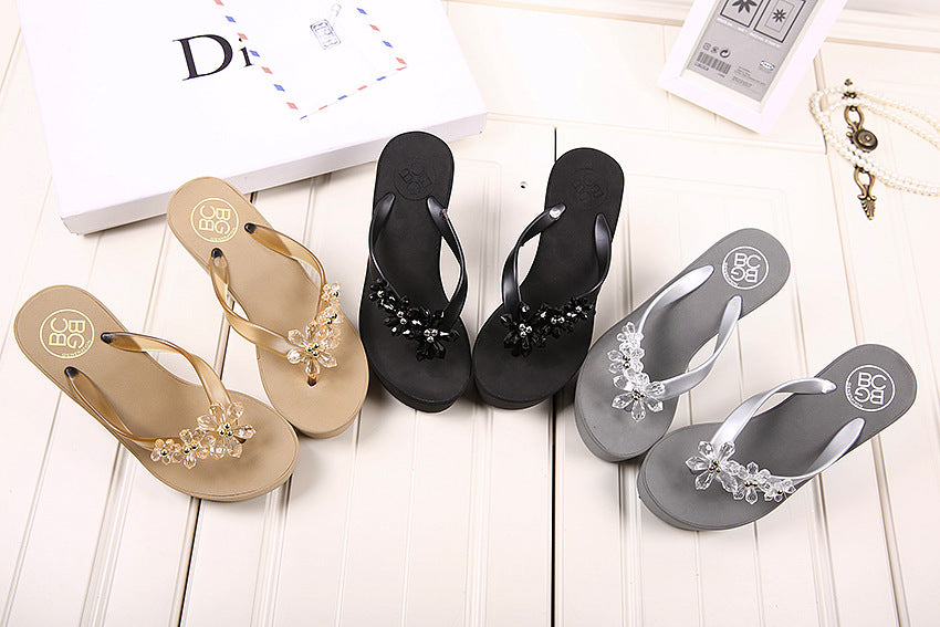 Crystal Beads Flower Slope With Platform Flip Flops
