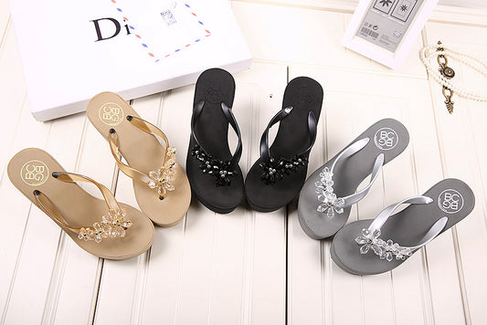Crystal Beads Flower Slope With Platform Flip Flops