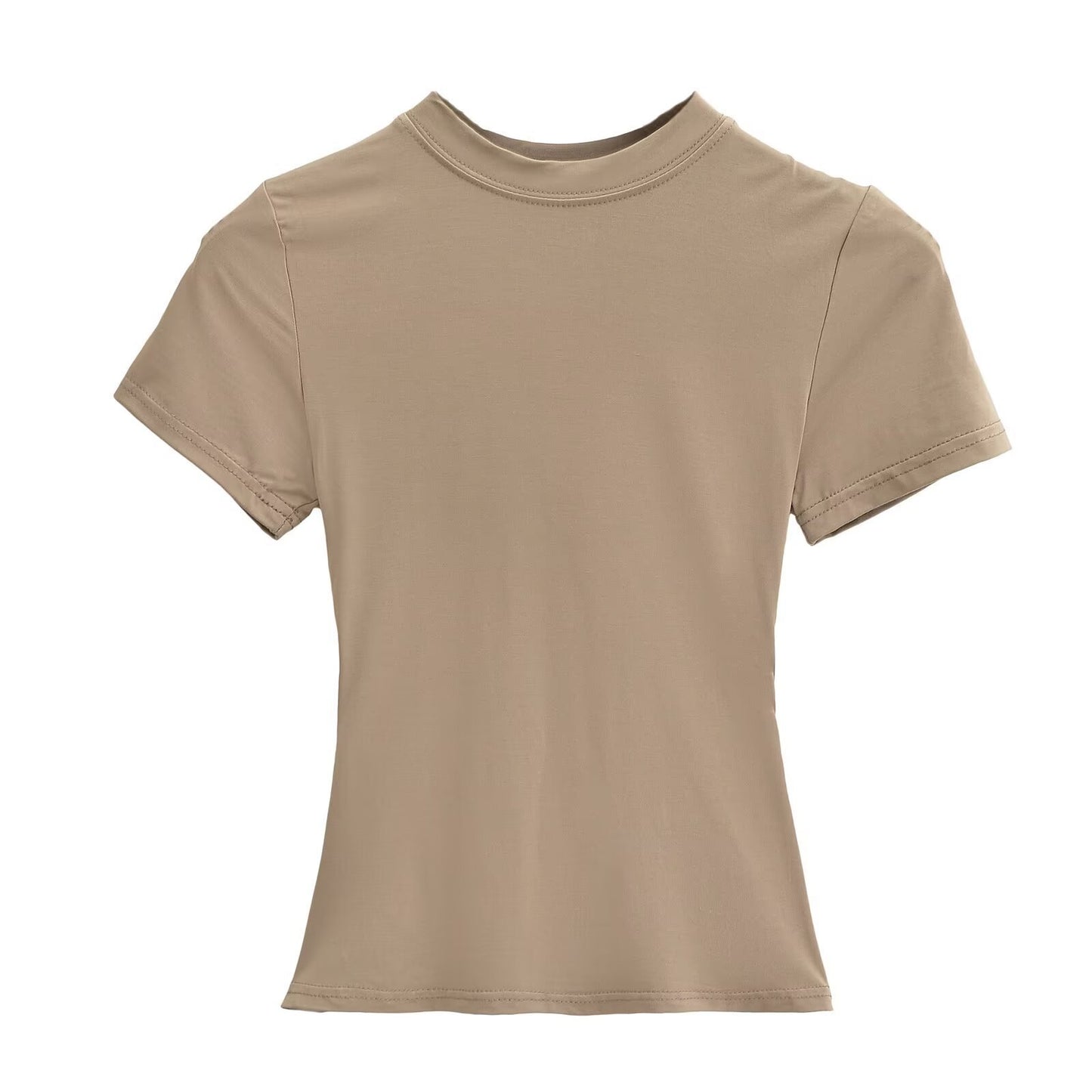 Solid Color Small Round Neck Elastic Shoulder Short Sleeve T-shirt Basic Style Waist-tight