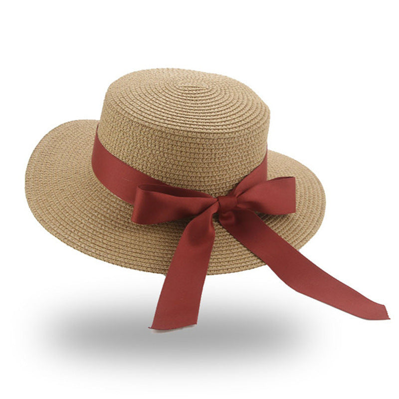 Women's Summer Bow Ribbon Flat Brim Straw Hat