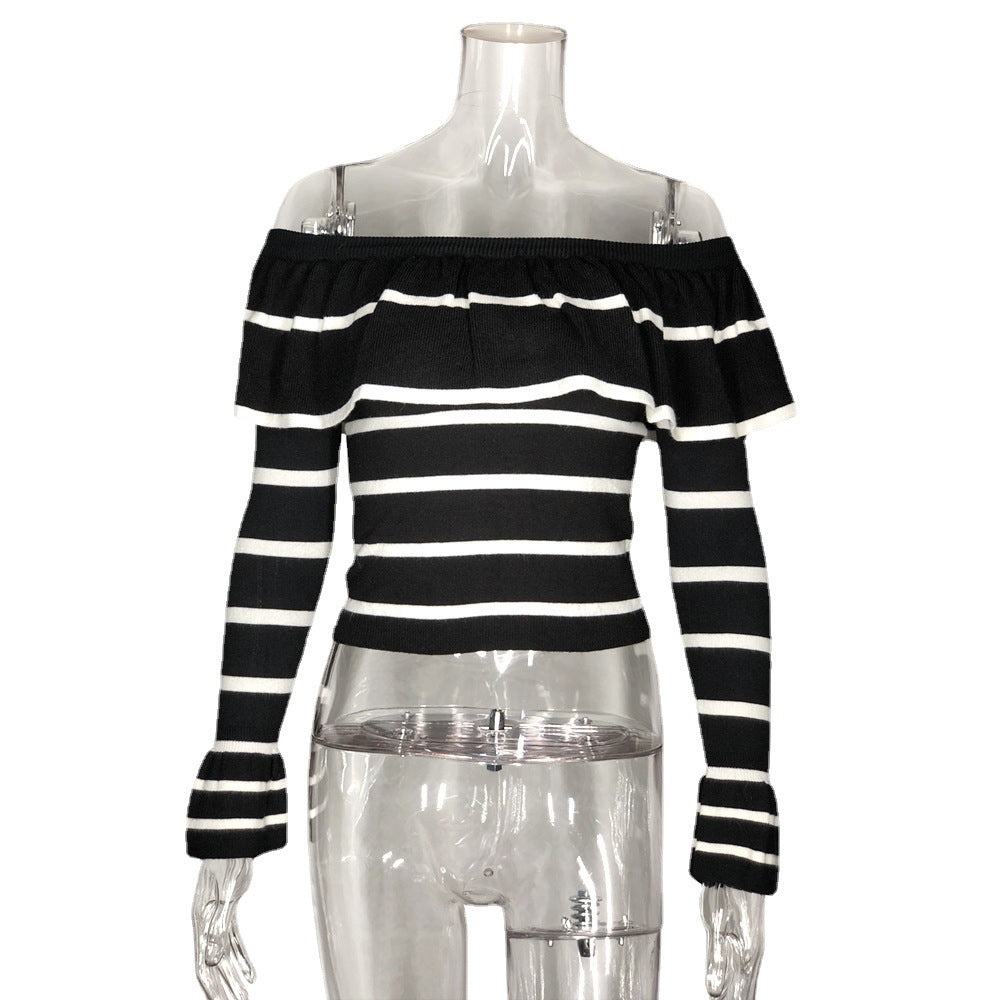 Women's Long Sleeve Pullover Top Striped Ruffles