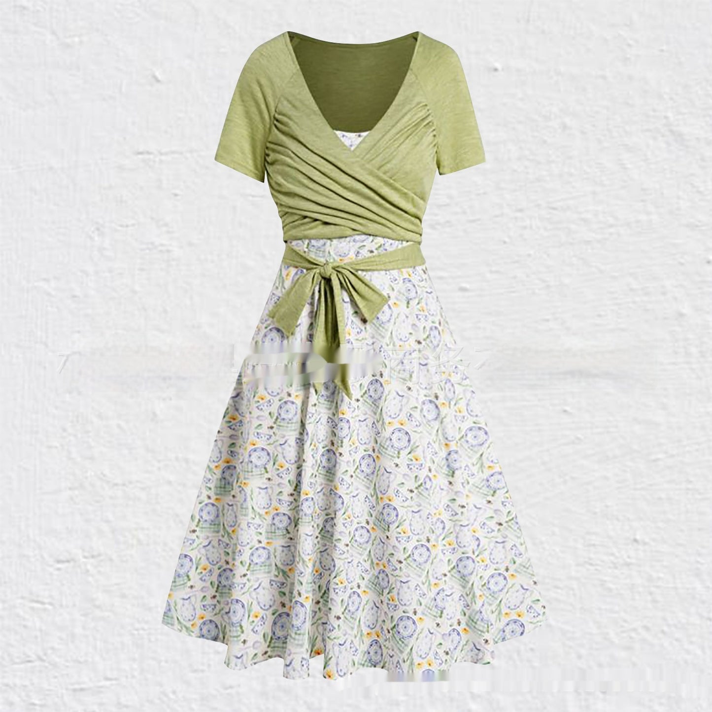 Women's Summer V-neck Short-sleeved Printed Dress Two-piece Set