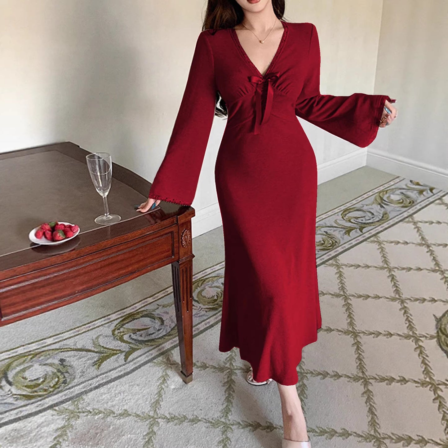 Womens AutumnWinter V-Neck Dress With French Lace Trim
